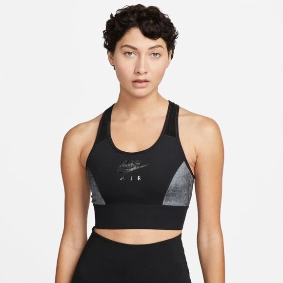 Nike Air women's medium black velour swoosh‎ sports bra racer back running - Picture 1 of 9